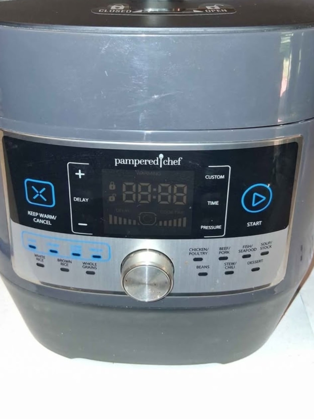Pampered Chef Gray Electric Multi-Cooker with Blue Accent Buttons